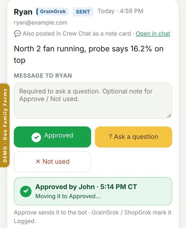 Crew note approved by an owner